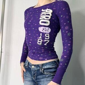 Aéro Y2K 00s Style Fitted Thermal Top Purple Varsity Spell Out Lettering